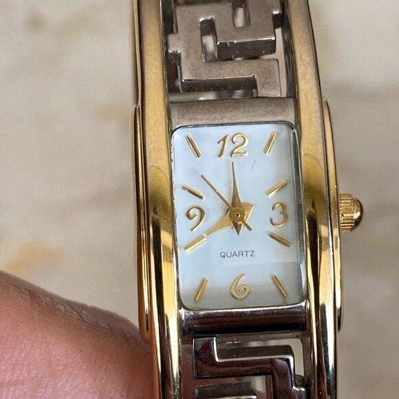 Greek Key Gold & Silver Tone Cuff Hinged Bangle Watch - Picture 5 of 12